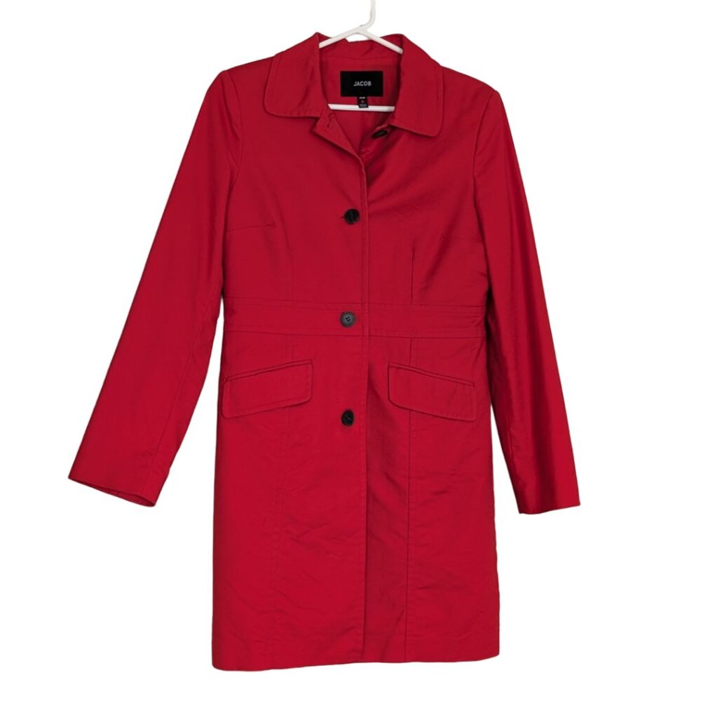 JACOB Long Red Trench Coat Button Up with Faux Pockets Women's Size M